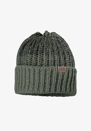 Dark green thick ribbed knit beanie with folded cuff and small brown label reading "CAPO STAY AHEAD" on white background.