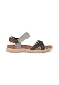 Ruskea ja beige monihihninen sandaali vaaleansinisin yksityiskohdin, pehmeällä pohjalla ja tekstuurilla varustettu kumipohja, joka tarjoaa pitoa.