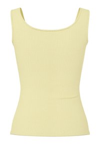 Débardeur en maille côtelée sans manches jaune pâle avec un décolleté carré et une silhouette ajustée.