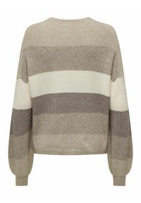 Sweter dzianinowy z długim rękawem w poziome paski w odcieniach beżu, jasnobrązowego i kremowego, z okrągłym dekoltem i ściągaczami na mankietach.