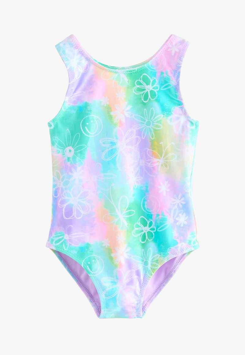 Pastel-colored one-piece swimsuit with a tie-dye effect featuring white floral and smiley face patterns. Made from stretchy material, sleeveless design.