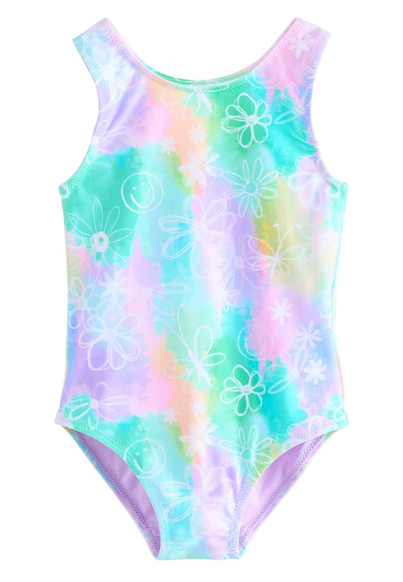 Pastellfarbener Einteiler mit Batik-Effekt, der weiße Blumen- und Smiley-Muster zeigt. Aus dehnbarem Material gefertigt, ärmelloses Design.