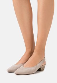 Beżowe zamszowe buty na obcasie typu slingback z V-kształtnym wycięciem z przodu, niskim obcasem na stosie i gładką teksturą. Wszechstronny i minimalistyczny design.