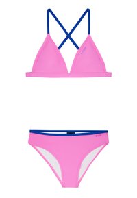 Bikini rosa con top a triangolo e spalline incrociate blu. Le mutandine del bikini sono anch'esse rosa con un elastico blu in vita e una fodera bianca.