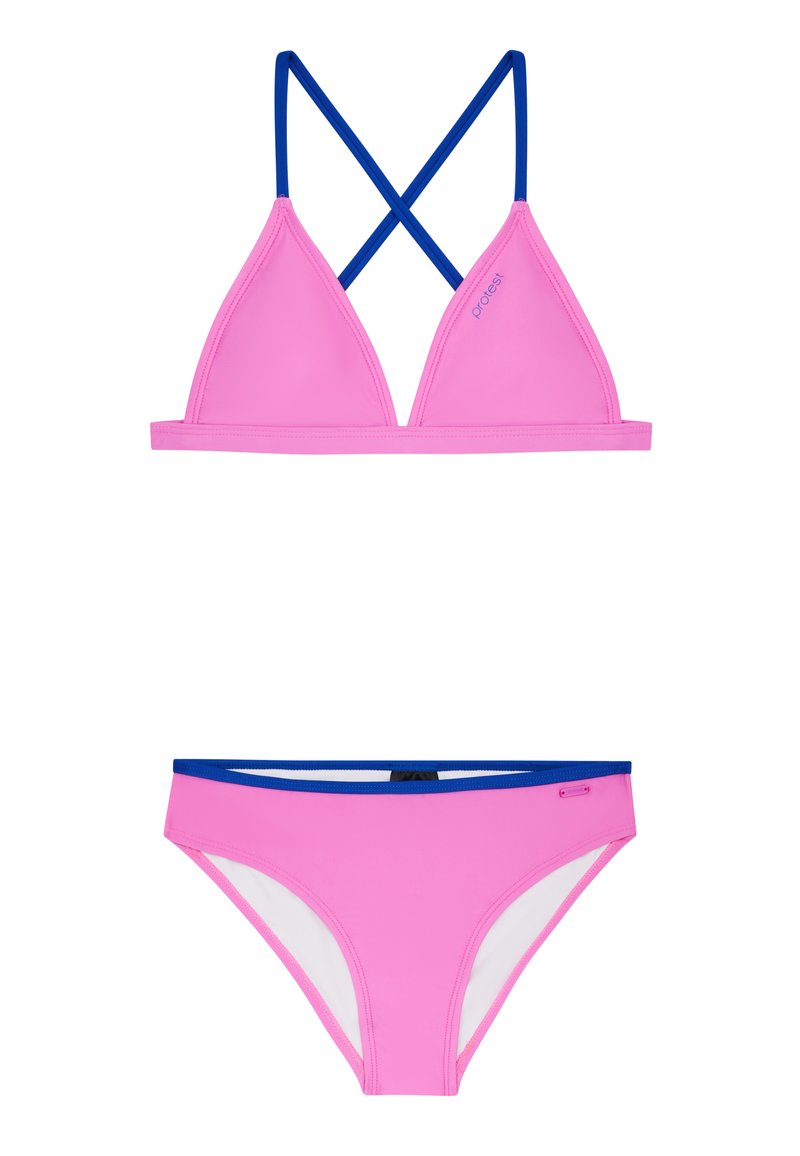 Bikini rosa con top a triangolo e spalline incrociate blu. Le mutandine del bikini sono anch'esse rosa con un elastico blu in vita e una fodera bianca.