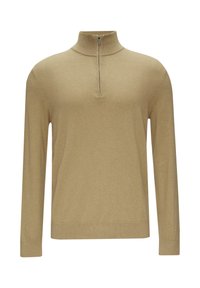 Pull en tricot beige avec un col à demi-zip, des manches longues et un ourlet côtelé. Le tissu a une finition lisse et texturée.