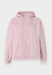 Lys rosa vindjakke med hette, som har glidelås foran, elastiske mansjetter og sidelommer. Materialet har et diskret rutemønster.