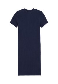 Námořnické proužkované šaty s krátkým rukávem, kulatým výstřihem a přiléhavým střihem, vyrobené z elastického materiálu, hladké textury, střední délky k lýtkům.