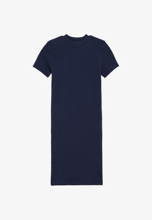 Morska prugasta haljina kratkih rukava s okruglim izrezom i prilagođenim siluetom, izrađena od rastezljivog materijala, glatke teksture, do polovice lista.