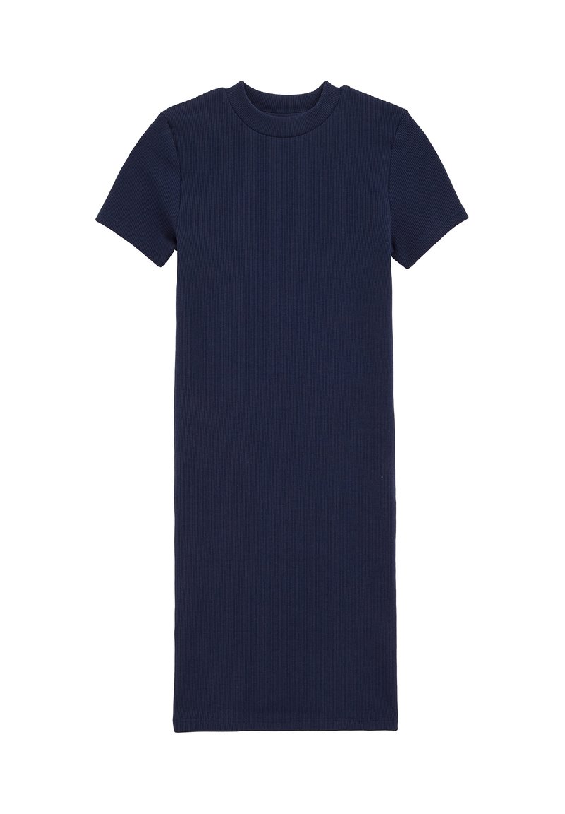 Námořnické proužkované šaty s krátkým rukávem, kulatým výstřihem a přiléhavým střihem, vyrobené z elastického materiálu, hladké textury, střední délky k lýtkům.