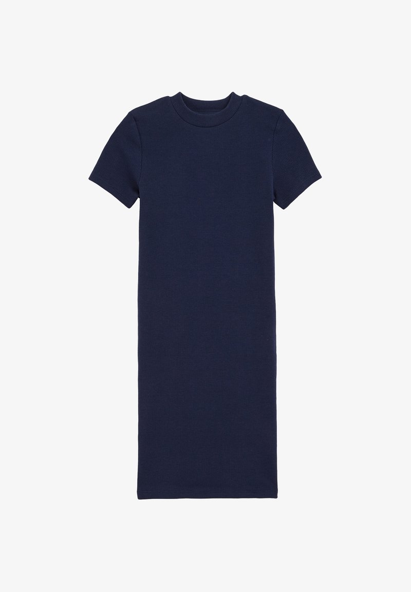 Námořnické proužkované šaty s krátkým rukávem, kulatým výstřihem a přiléhavým střihem, vyrobené z elastického materiálu, hladké textury, střední délky k lýtkům.