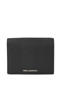 Melnas ādas maksts ar teksturētu virsmu, kompakta taisnstūra forma un sudraba "KARL LAGERFELD" logo priekšpusē.