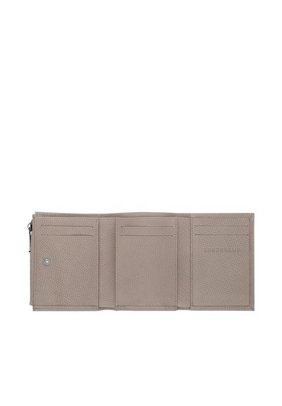 Gray leather wallet with textured exterior, featuring multiple card slots and a zip compartment. Embossed logo detail present.