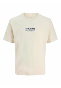 Cream-colored cotton t-shirt with short sleeves, featuring a blue graphic text "ORIGINALS SUMMER EDITION" on the chest. Rounded neckline.