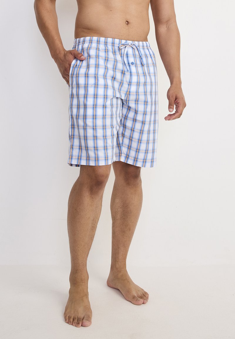 Herrsimshorts i vitt med blå och orange rutmönster, med elastisk midja, dragsko och sidofickor.
