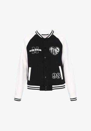 Schwarz-weiße Collegejacke mit gestickten Grafiken, Druckknöpfen sowie gestreiften Bündchen und Saum. Verfügt über Seitentaschen und kontrastierende Ärmel.