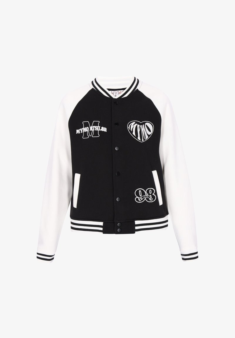 Zwart-witte varsityjas met geborduurde afbeeldingen, drukknoopsluiting en gestreepte boorden en zoom. Heeft zijzakken en contrasterende mouwen.