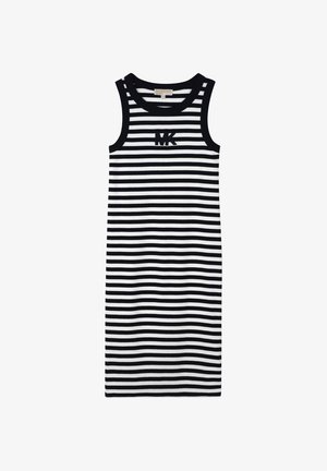 Czarna i biała sukienka bez rękawów w poziome paski z okrągłym dekoltem i logo "MK" na środku klatki piersiowej.