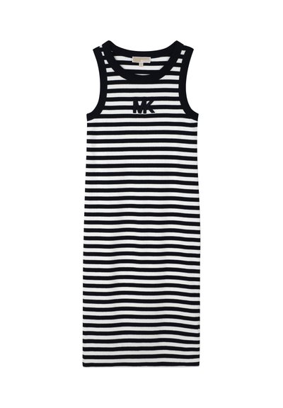 Robe sans manches à rayures horizontales noires et blanches avec encolure ronde et logo "MK" centré sur la poitrine.