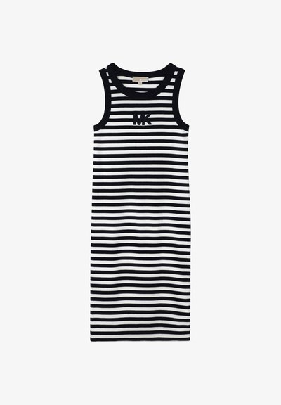 Robe sans manches à rayures horizontales noires et blanches avec encolure ronde et logo "MK" centré sur la poitrine.