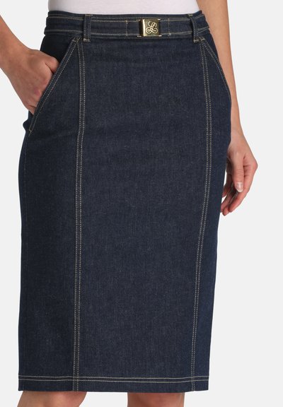 Denim pencil skirt in dark blue with visible stitching, fitted design, and side pockets. Features a gold-tone hardware detail on the waistband.