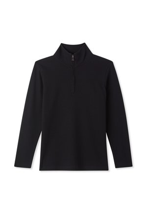 Maglia nera a maniche lunghe con colletto alto e chiusura con zip. Texture a coste, con un design aderente. Senza motivi né dettagli.