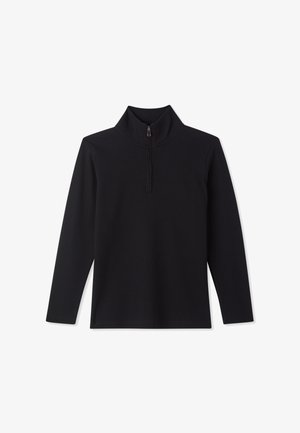 Maglia nera a maniche lunghe con colletto alto e chiusura con zip. Texture a coste, con un design aderente. Senza motivi né dettagli.