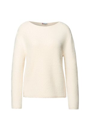 Maglione color crema realizzato in un morbido tessuto testurizzato. Presenta un ampio scollo e maniche lunghe, con una vestibilità rilassata e squadrata.