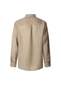 Camicia lunga beige chiaro in tessuto testurizzato, con colletto, dettaglio sulla yoke posteriore e polsini con bottoni.