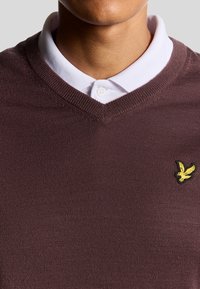 Maglione a V in tessuto a maglia marrone scuro, con una camicia bianca sotto. Un piccolo logo di un uccello giallo è ricamato sul petto.