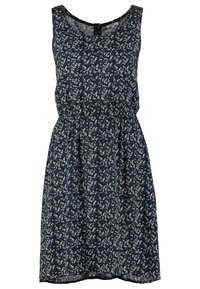 Robe bleu marine sans manches avec taille froncée, présentant un motif floral discret en rose et blanc sur l'ensemble.