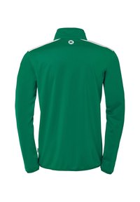 Groene langemouwen overhemd met een hoge kraag, voorzien van witte accenten op de schouders en op de rug. Glad, lichtgewicht stof met een effen textuur.