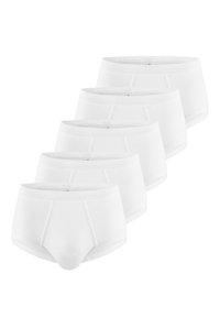 Slip di cotone bianco a coste, presentati in un set di cinque, con un ampio elastico in vita e un taglio classico con apertura davanti.