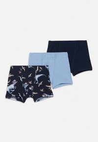 Trzy pary bokserek: jedna granatowa z nadrukiem dinozaurów, jedna jasnoniebieska i jedna ciemnoniebieska. Wykonane z miękkiej bawełny, z elastycznym pasem.