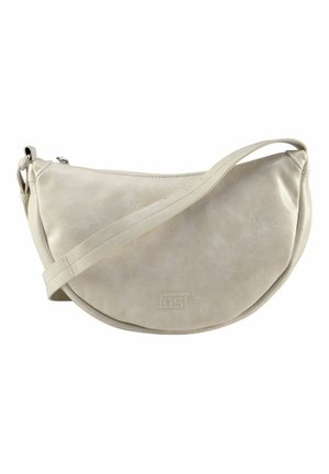 Beige Umhängetasche aus synthetischem Leder mit halbmondförmigem Design, Reißverschluss oben und verstellbarem Riemen; mit geprägt eingestelltem Logo.