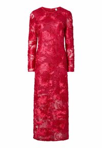 Rød kjole med lange, gennemsigtige ærmer, udsmykket med indviklet blomstret broderi og en tætsiddende silhuet, med en lige nederkant.