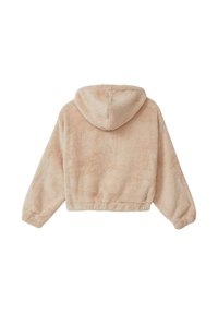 Skórzany krótki hoodie w miękkim beżowym futerku z kapturem, w luźnym fasonie z szerokimi rękawami oraz ściągaczem w pasie, z fakturowaną powierzchnią.