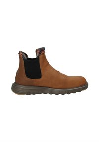 Bottines en fausse suédine marron avec des panneaux élastiques sur les côtés, bout rond et semelle en caoutchouc texturé foncé. Une bordure à carreaux au niveau de la cheville apporte un contraste.