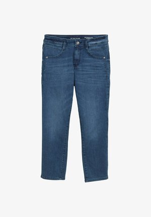 Dunkelblaue Jeans aus Denim mit geradem Schnitt, fünf Taschen und Gürtelschlaufen. Verfügt über einen vorderen Knopfverschluss und dezente Ausbleichungen.