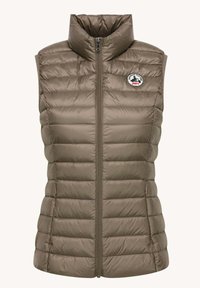 Polstret ærmeløs vest i olivengrøn, med h�øjkrave, frontlynlås og et rundt logo-patch på venstre brystområde.