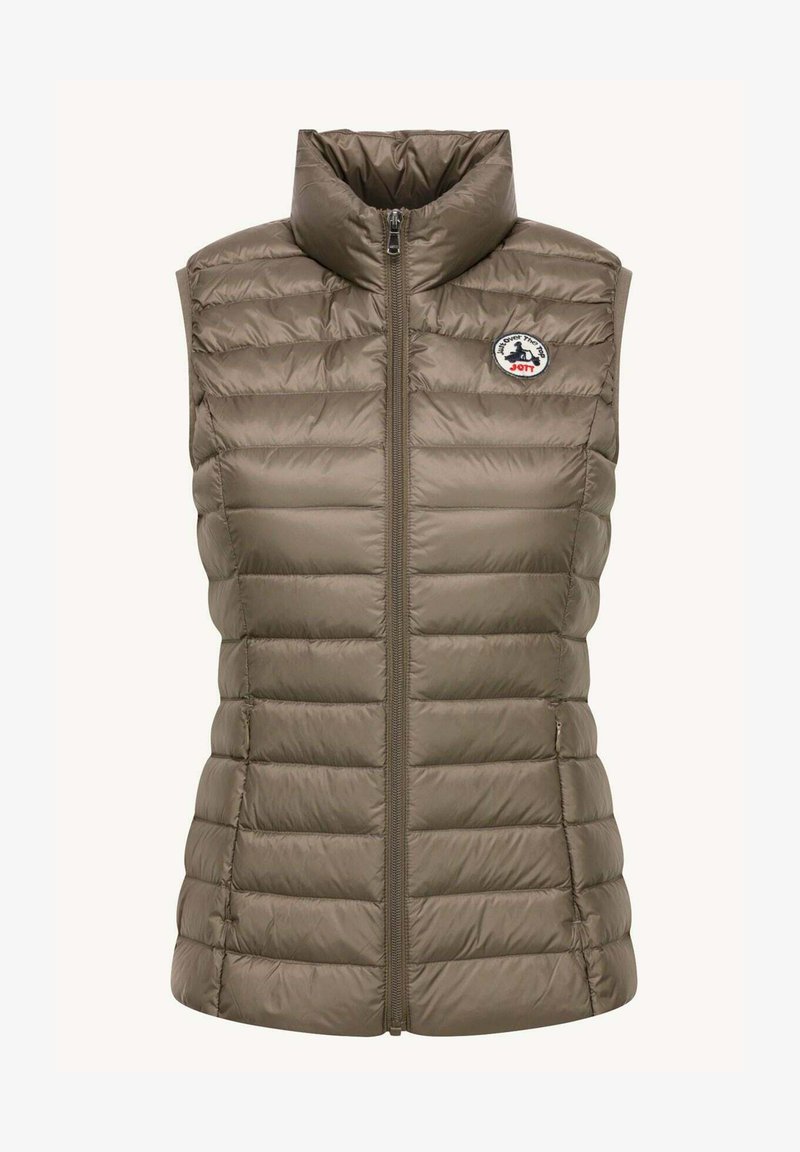 Gestepptes ärmelloses Westchen in olivgrün, mit hohem Kragen, frontseitigem Reißverschluss und einem runden Logo-Patch auf der linken Brustseite.