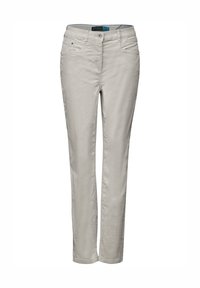 Pantaloni beige chiaro con taglio slim, dotati di chiusura a bottone, cinque tasche e una textura di tessuto liscia. Nessun motivo o accentuazione visibile.