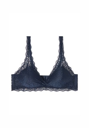 Bralette en dentelle de couleur bleu marine foncé, avec un bord festonné, des bonnets triangulaires et des bretelles ajustables pour un design délicat.