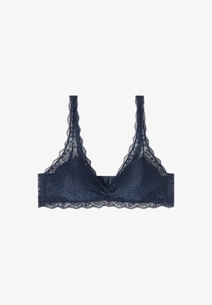 Bralette en dentelle de couleur bleu marine foncé, avec un bord festonné, des bonnets triangulaires et des bretelles ajustables pour un design délicat.