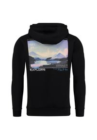 Felpa nera con cappuccio caratterizzata da una stampa a paesaggio colorato sul retro, dotata di un cappuccio rotondo e polsini e orlo a coste.