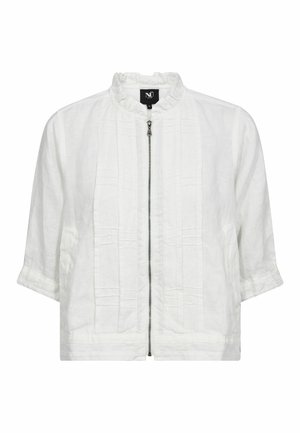 Biely skrátený kabátik s predným zipsom, 3/4 rukávmi, volánovým golierom a vertikálnymi šitými záhybmi na predných paneloch.