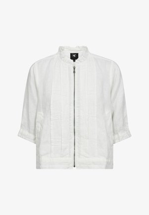 Witte cropped jas met ritssluiting aan de voorkant, driekwart mouwen, geruchte kraag en verticale, gestikte plooidetails op de voorpanelen.