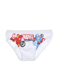 Weiße Baumwollunterhosen mit Marvel Avengers Charakteren Iron Man und Captain America, mit bunten Druckmotiven und einem elastischen Bund.
