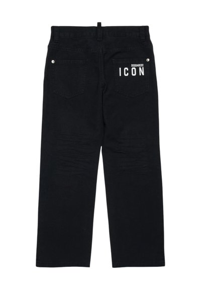 Pantaloni in denim neri con design a gamba dritta, tasche posteriori e logo bianco "ICON" sulla tasca destra. Superficie leggermente strutturata.