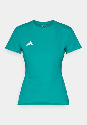 Türkises Sport-T-Shirt aus leichtem Material. Mit kurzen Ärmeln und einem weißen Logo auf der linken Brustseite.